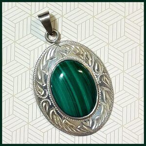 Vintage Taxco Mexico 925 Sterling Silver Malachite Pendant TR-159 22g Large Oval